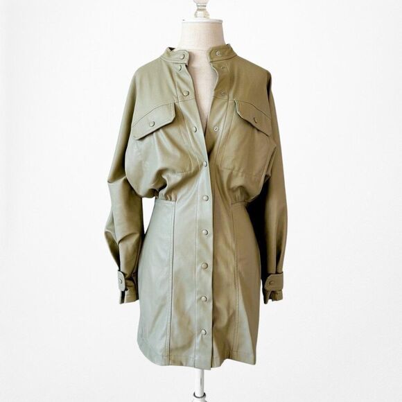 Zara Green Long Sleeve Faux Leather Utility Cargo Style Mini Dress Size S - Picture 5 of 8